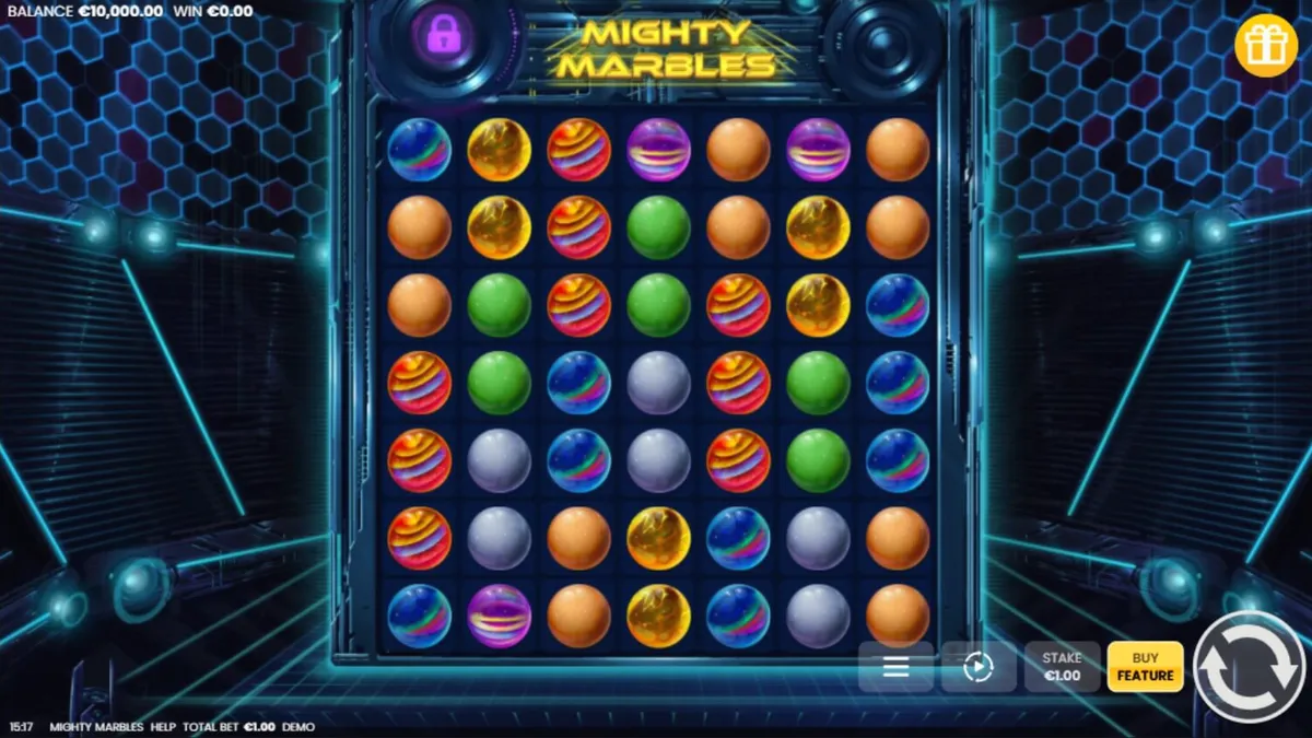 Tampilan visual neon futuristik dari slot Mighty Marbles dengan grid 7x7.